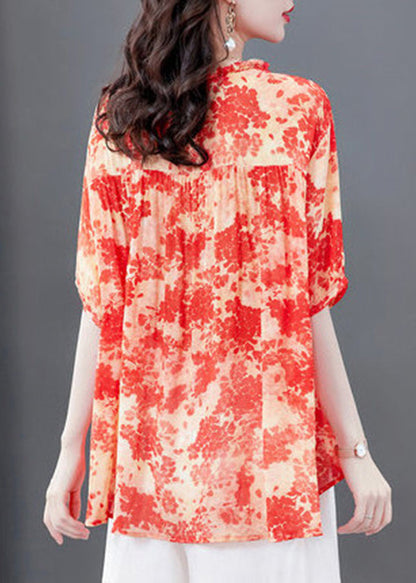 Watermelon Red O-neck Wrinkled Asymmetrical Print Chiffon Tops Short Sleeve
