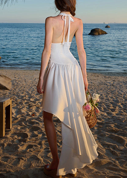 White Backless Low High Design Vacation Dress Sleeveless