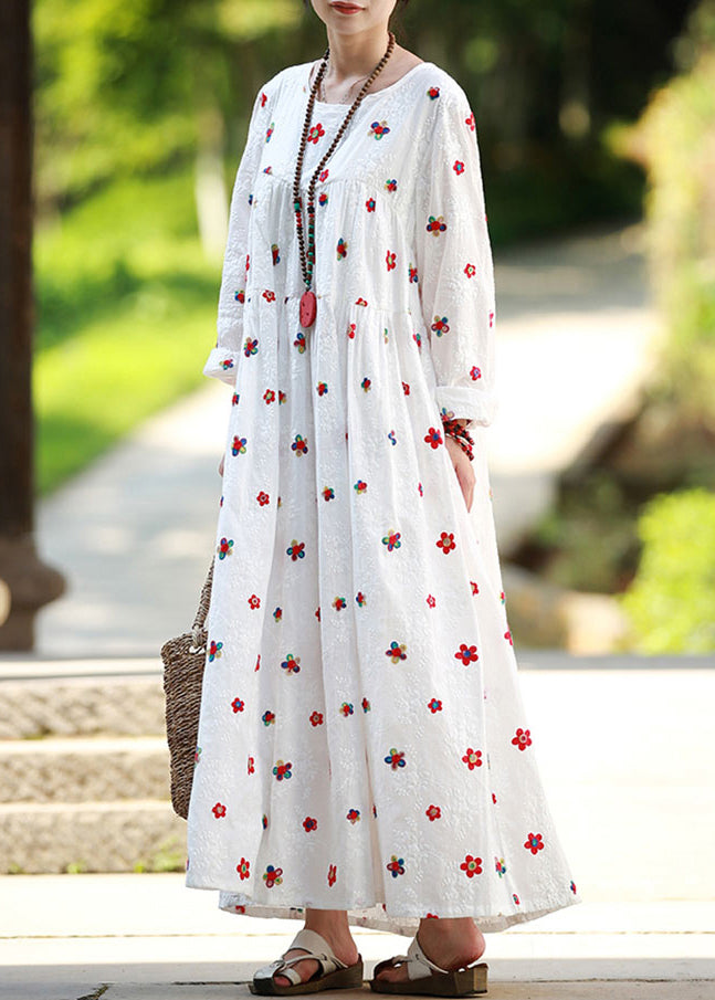 White Cinched Embroidery High-waisted Long Dresses Long Sleeve