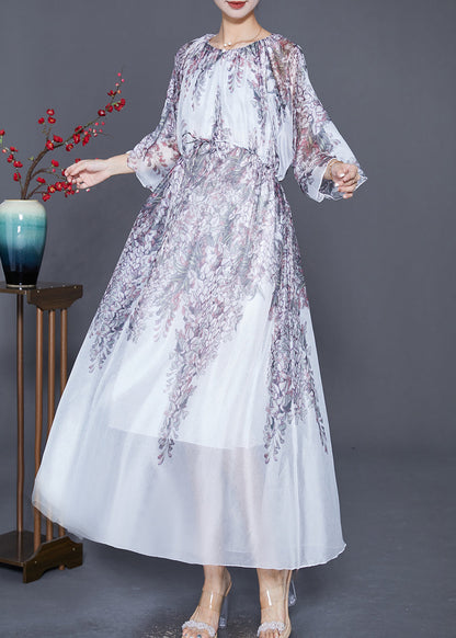 White Cinched Print Silk Long Dress Summer