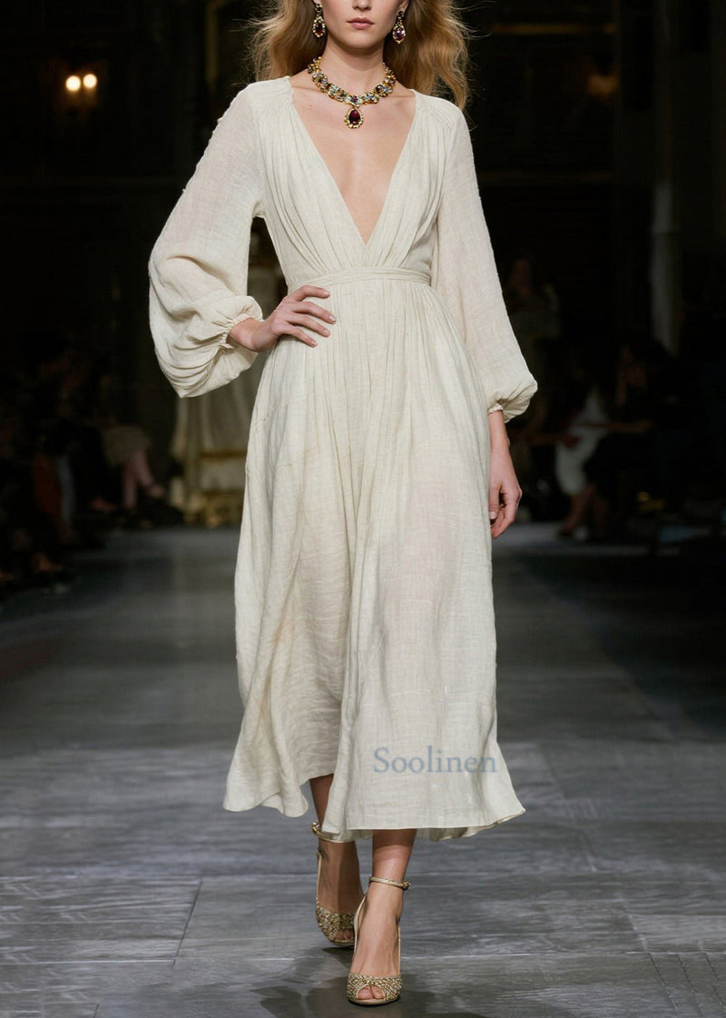 White Deep-v Neck Cotton Dress Lantern Sleeve
