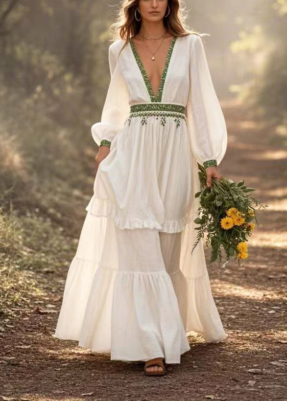 White Deep-v Neck Exra Large Hem Long Dress Spring