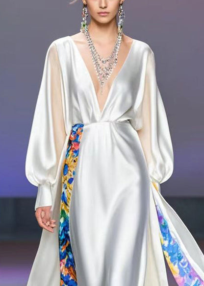 White Deep-v Neck Patchwork Print Silk Vacation Dress Spring