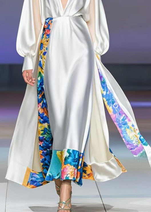 White Deep-v Neck Patchwork Print Silk Vacation Dress Spring