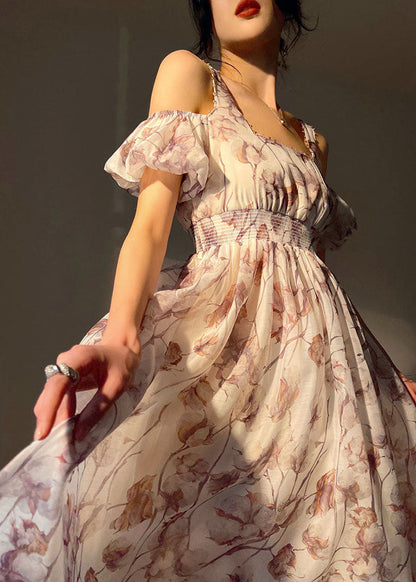 White Elastic Waist Cold Shoulder Print Silk Strap Dresses Puff Sleeve