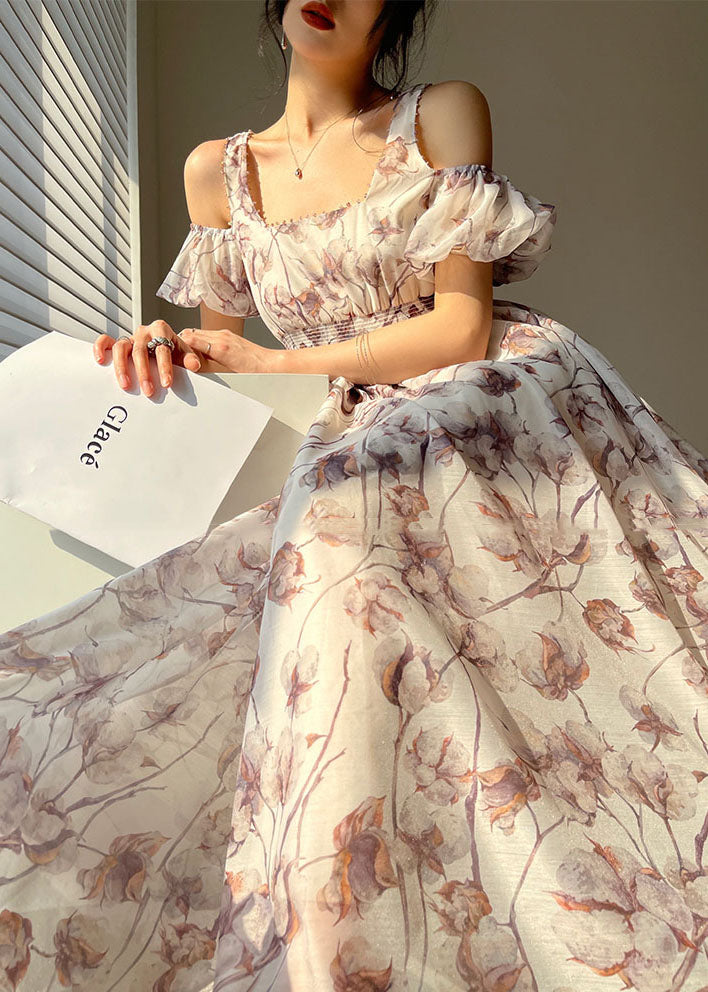 White Elastic Waist Cold Shoulder Print Silk Strap Dresses Puff Sleeve