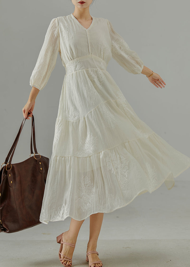 White Embroidered Exra Large Hem Cotton Dress Summer