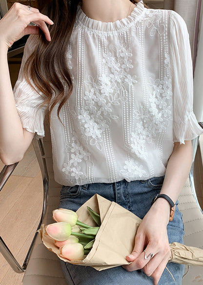 White Embroidered Chiffon Shirts Summer