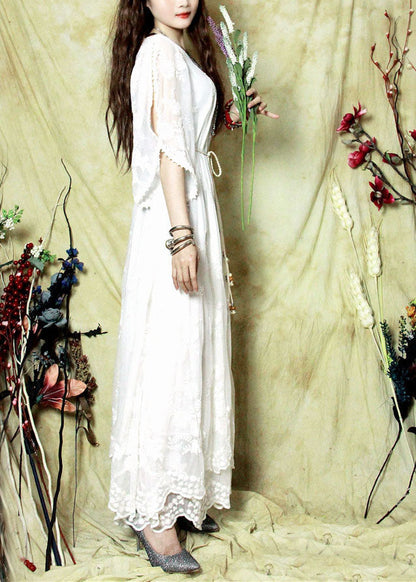 White Embroideried Cold Shoulder Lace Long Dresses Spring