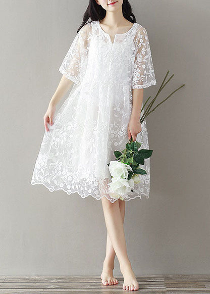 White Embroideried Lace Patchwork Tulle Mid Dress Summer