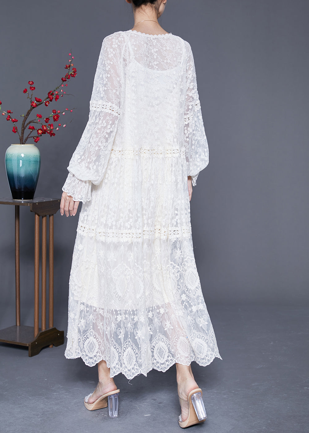 White Embroideried Patchwork Hollow Out Lace Maxi Dress Lantern Sleeve