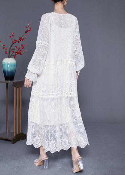 White Embroideried Patchwork Hollow Out Lace Maxi Dress Lantern Sleeve