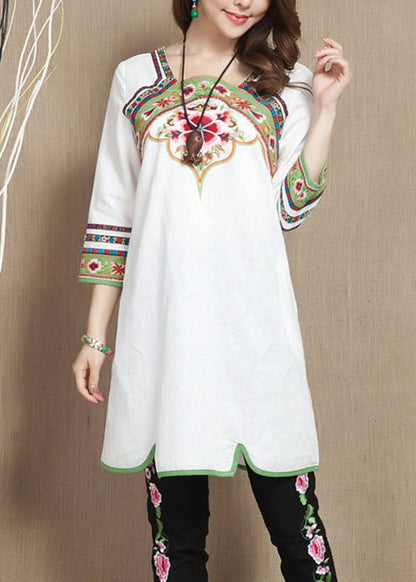 White Embroideried Pockets Patchwork Linen Top Bracelet Sleeve