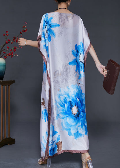 White Flower Print Silk Maxi Dresses Summer