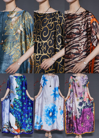 White Flower Print Silk Maxi Dresses Summer