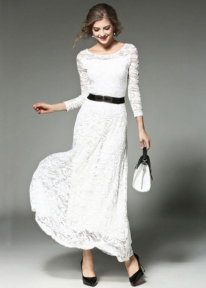 White Hollow Out Embroideried Sashes Lace Long Dresses Summer