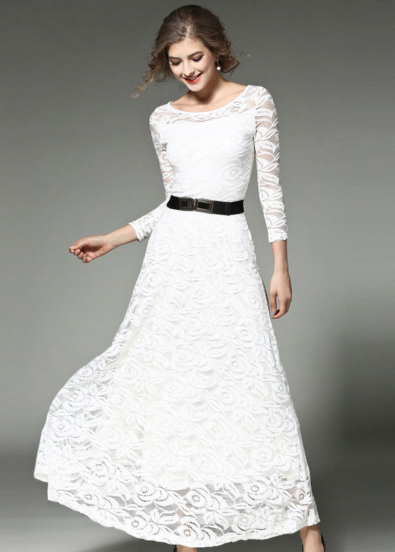 White Hollow Out Embroideried Sashes Lace Long Dresses Summer