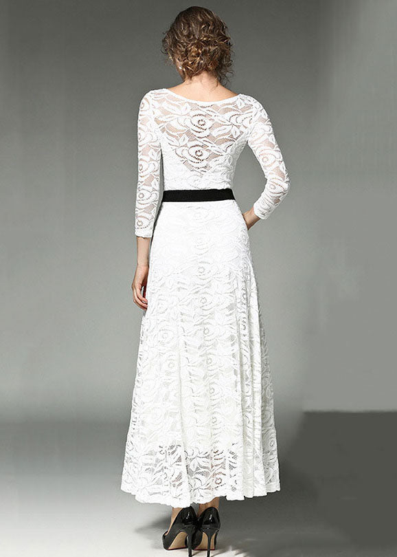 White Hollow Out Embroideried Sashes Lace Long Dresses Summer