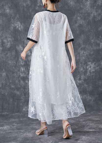 White Hollow Out Patchwork Star Print Tulle Maxi Dress Summer
