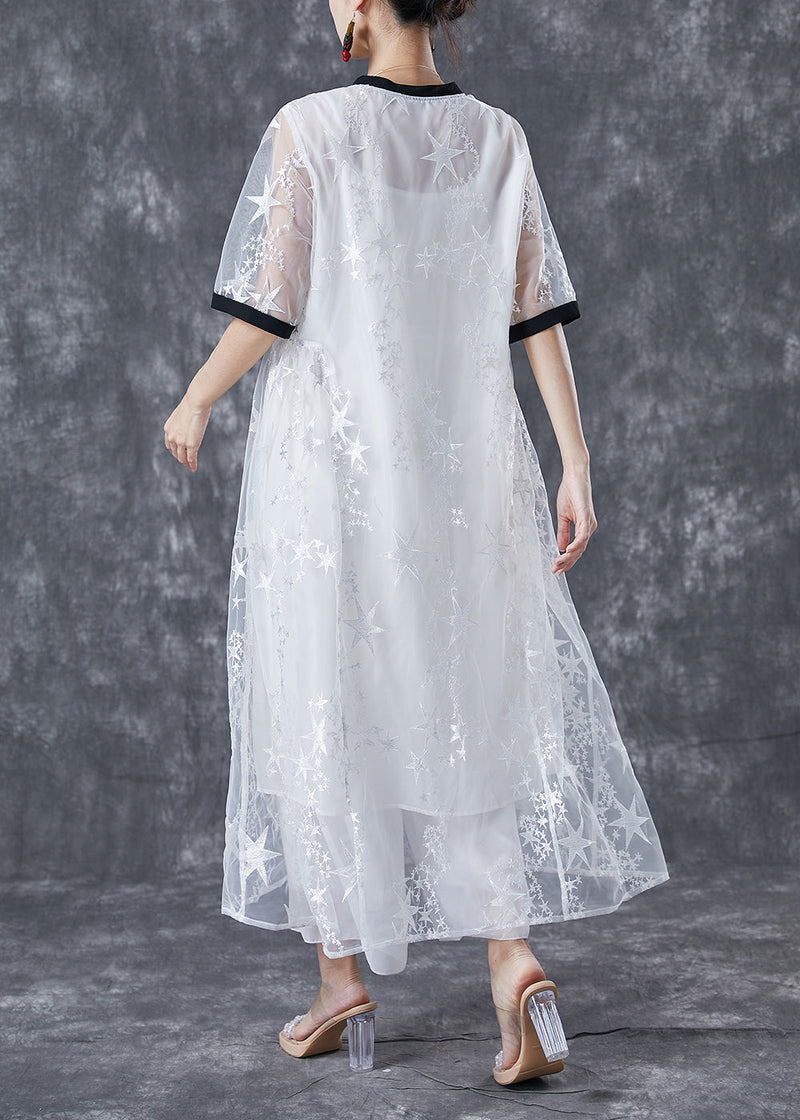 White Hollow Out Patchwork Star Print Tulle Maxi Dress Summer