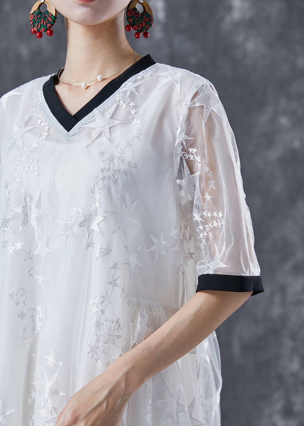 White Hollow Out Patchwork Star Print Tulle Maxi Dress Summer
