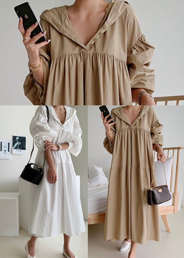 White Hooded Oversized Cotton Maxi Dresses Lantern Sleeve