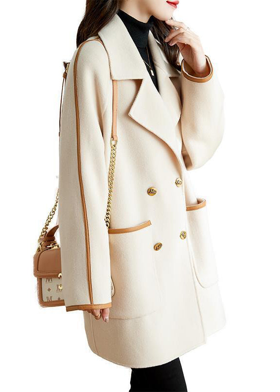 White Lapel Patchwork Pu Woolen Trench Coat Fall