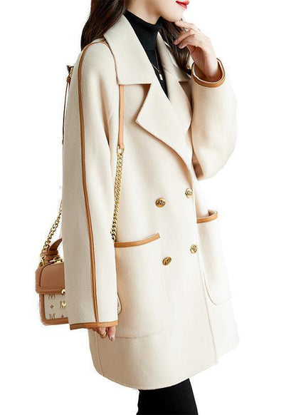 White Lapel Patchwork Pu Woolen Trench Coat Fall
