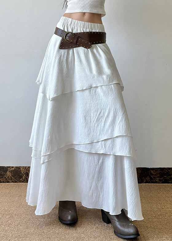 White Layered Elastic Waist Cotton Skirts Summer