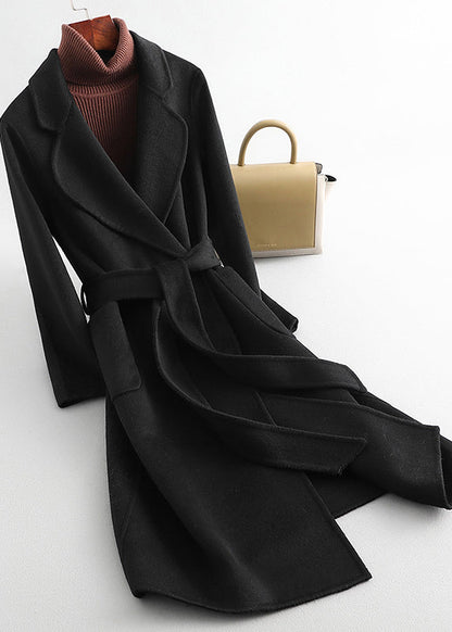 White Notched Tie Waist Woolen Long Coats Fall