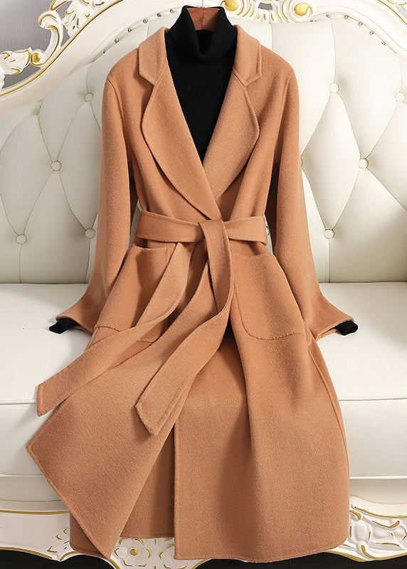 White Notched Tie Waist Woolen Long Coats Fall