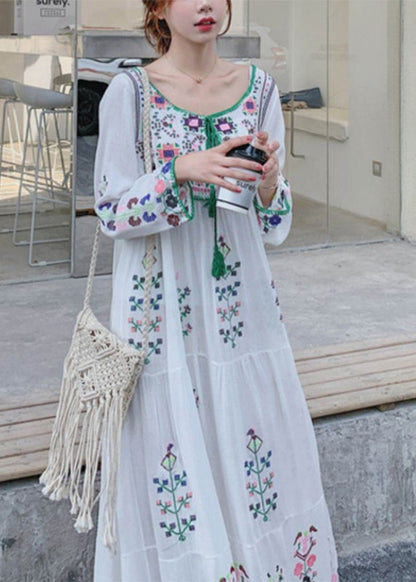 White O-neck Embroideried Cotton Holiday Dresses Long Sleeve