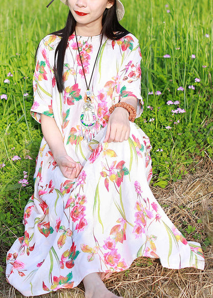 White O-neck Print Beach Dresses Short Sleeve