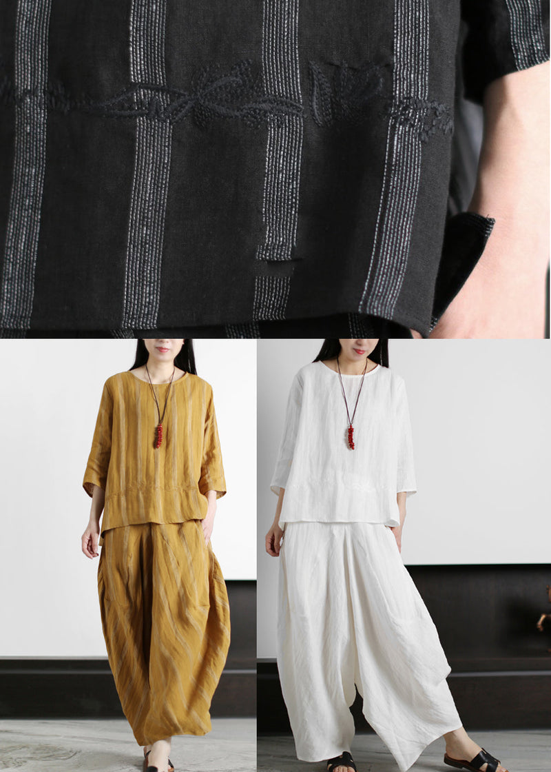 White O-neck Linen Tops and Harm Pants Two Pieces Set Three Quarter Sleeve