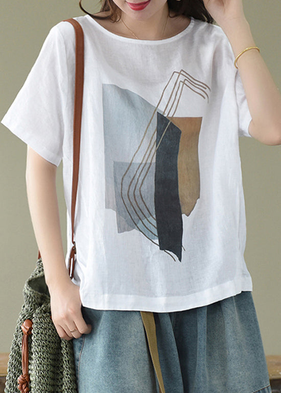 White O-neck Print Linen Blouse Tops Short Sleeve