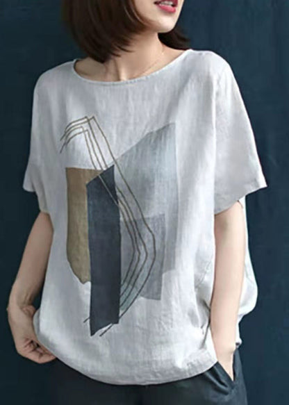 White O-neck Print Linen Blouse Tops Short Sleeve