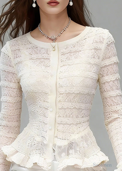 Bohemian White O-Neck Ruffled Patchwork Lace Tops Flare Sleeve