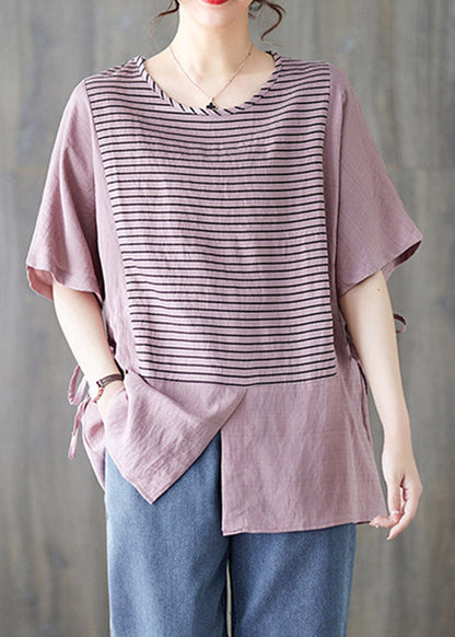 White O-neck Striped Patchwork Cotton Shirt Short Sleeve