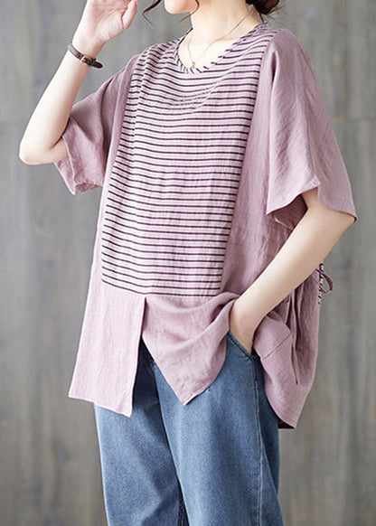 White O-neck Striped Patchwork Cotton Shirt Short Sleeve