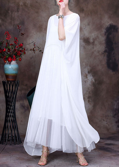 White O-neck Asymmetrical Design Chiffon Cloak Dress Batwing Sleeve