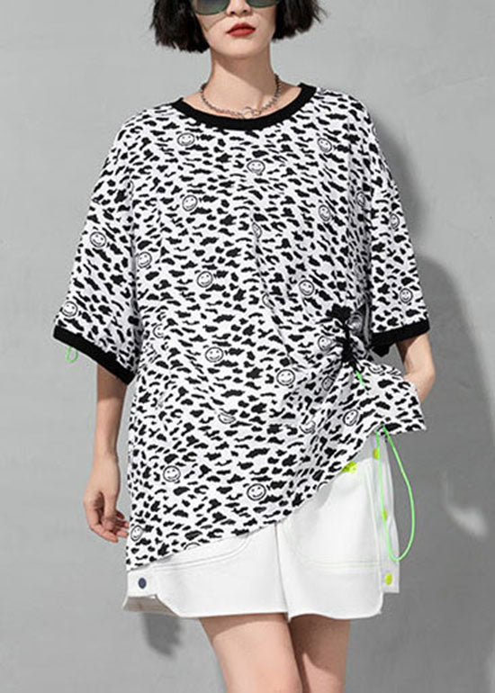 White O-neck Drawstring Leopard Cotton T Shirt Short Sleeve