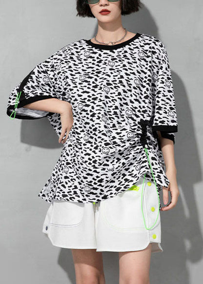 White O-neck Drawstring Leopard Cotton T Shirt Short Sleeve