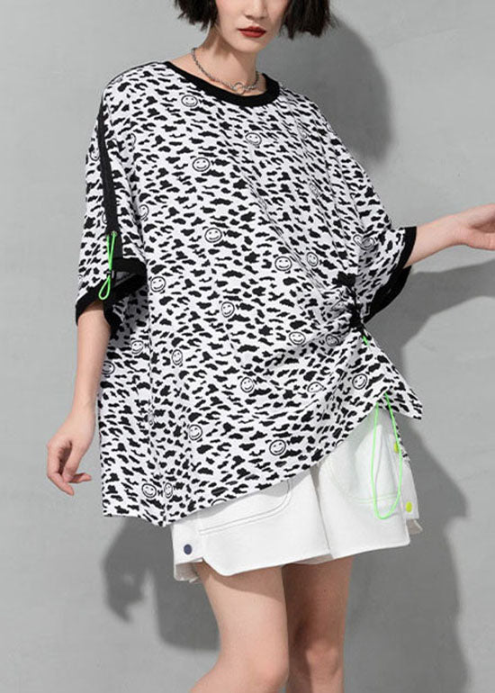 White O-neck Drawstring Leopard Cotton T Shirt Short Sleeve
