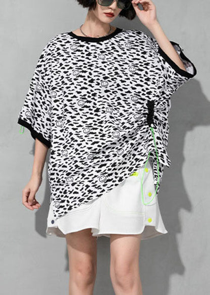 White O-neck Drawstring Leopard Cotton T Shirt Short Sleeve