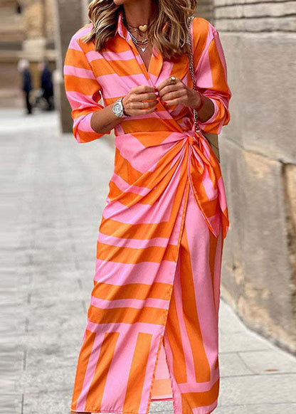 White Orange Asymmetrical Tie Waist Maxi Dresses Long Sleeve