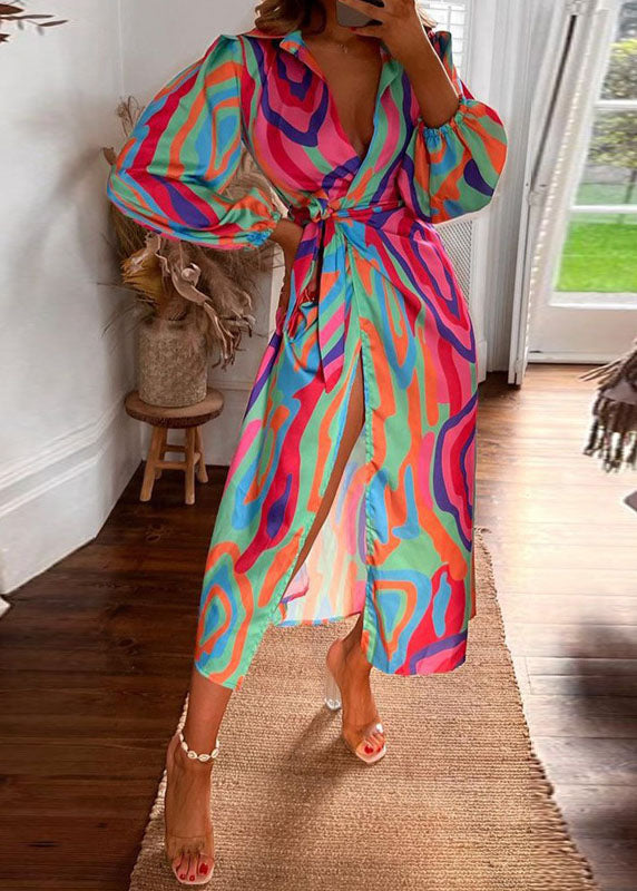 White Orange Asymmetrical Tie Waist Maxi Dresses Long Sleeve