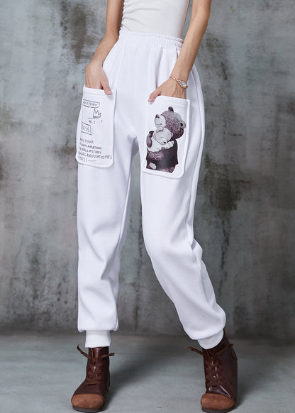 White Oversized Bear Print Warm Fleece Pants Winter