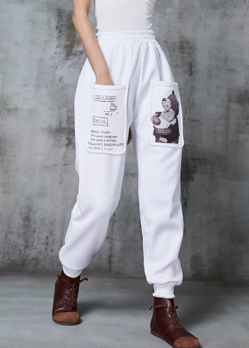 White Oversized Bear Print Warm Fleece Pants Winter