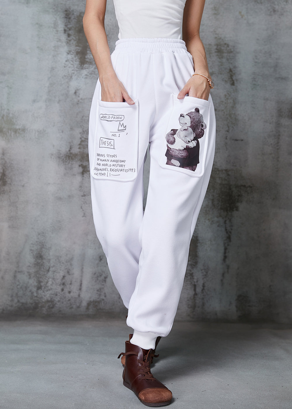 White Oversized Bear Print Warm Fleece Pants Winter