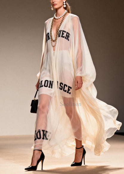 White Oversized Letter Print Chiffon Sheer Dresses Summer